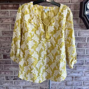 Talbots Yellow 3D Jacquard Clip Dot 3/4 Sleeve Floral‎ Top Size 12 (K349)